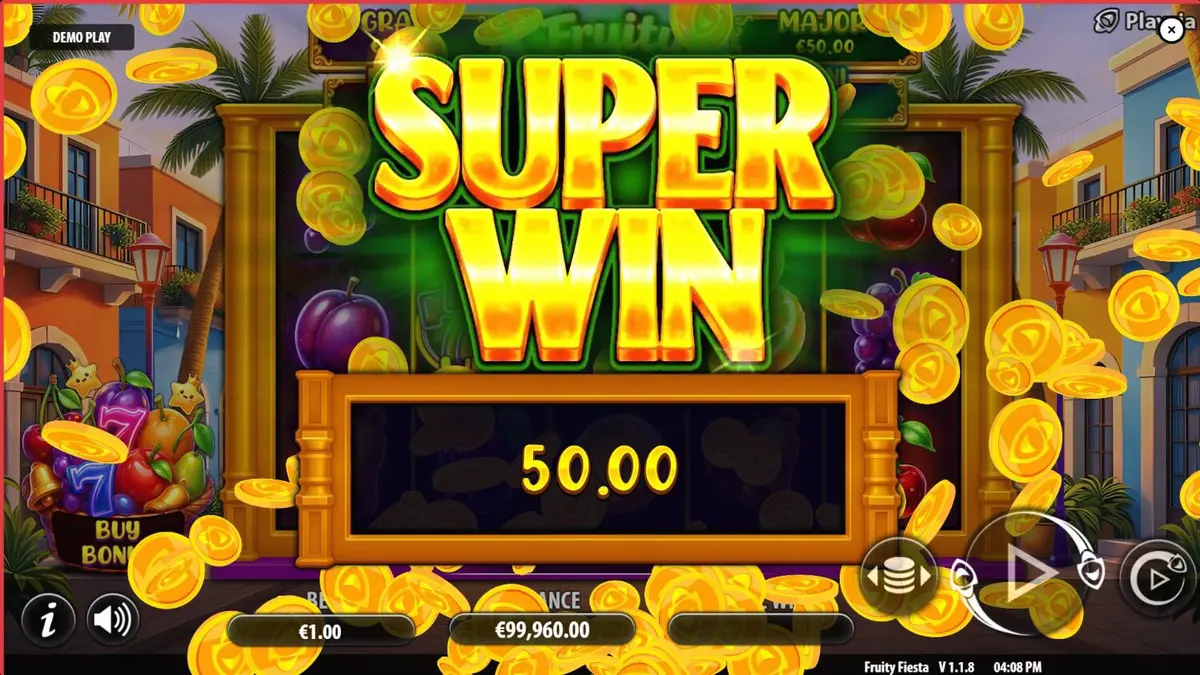 Interface vibrante do slot Fruity Fiesta com luzes neon e frutas tropicais