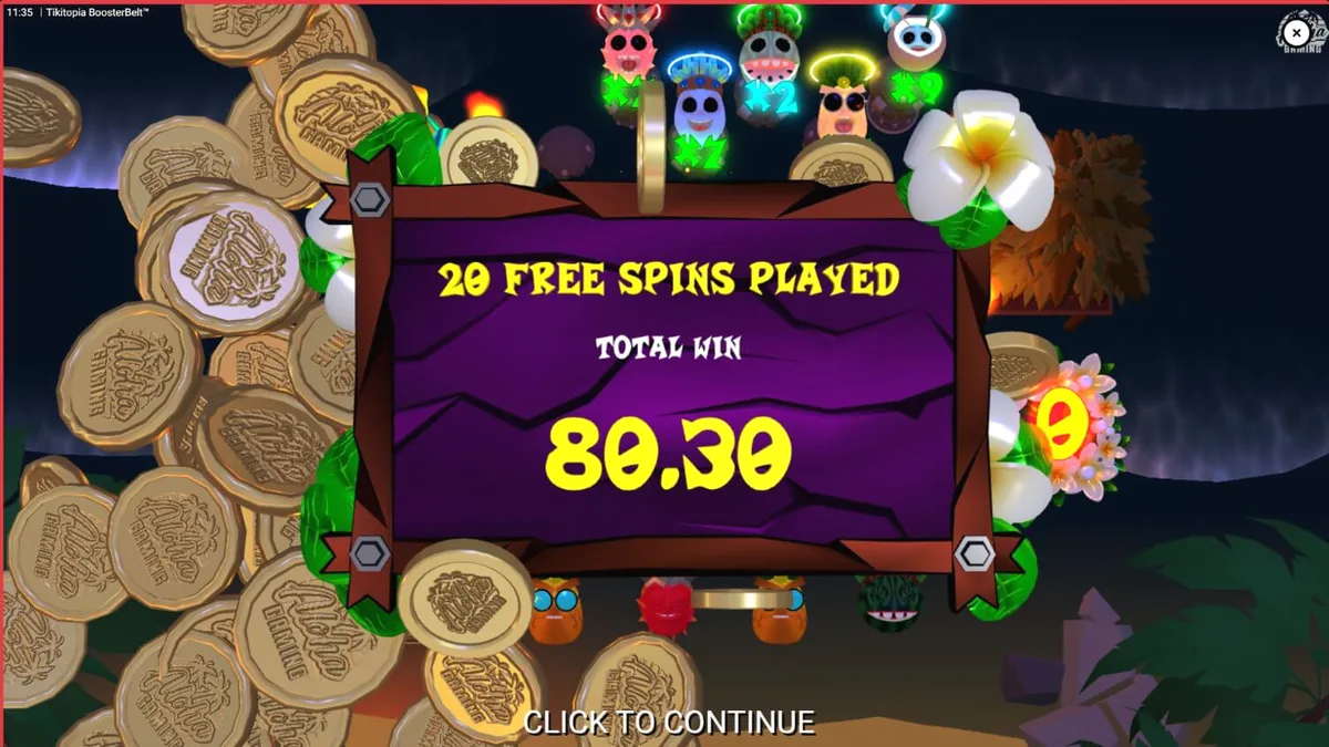 Interface do jogo Tikitopia BoosterBelt em um dispositivo móvel mostrando o totem Tiki e frutas animadas